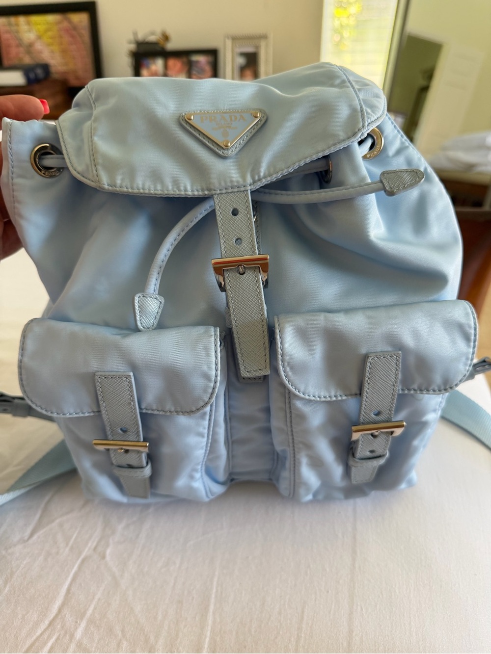 Prada Pastel Blue Nylon Drawstring Backpack with Gold-Tone Hardware